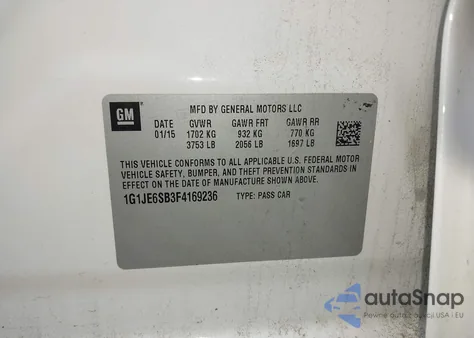 2015 Chevrolet Sonic Ltz Auto from USA, damaged, VIN 1G1JE6SB3F4169236